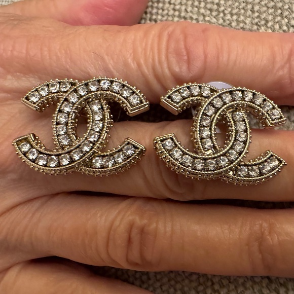 Brand New Classic Chanel CC Logo Crystal Embellished Gold Earrings